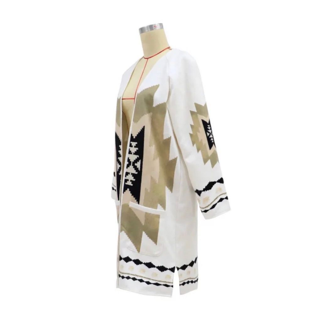 2XL White Aztec Long Cardigan Womens Western Open Front Duster - Picture 2 of 6